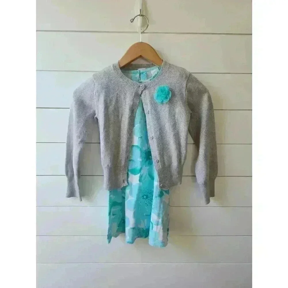 Gymboree Girl's Size 6 Blue and White Dress with Matching (5/6) Silver Sweater
